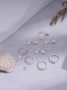 14K镀金耳环套装，精致多层珍珠耳环，低过敏性耳骨耳环，时尚女士首饰套装 - 銀色 - 查看 5