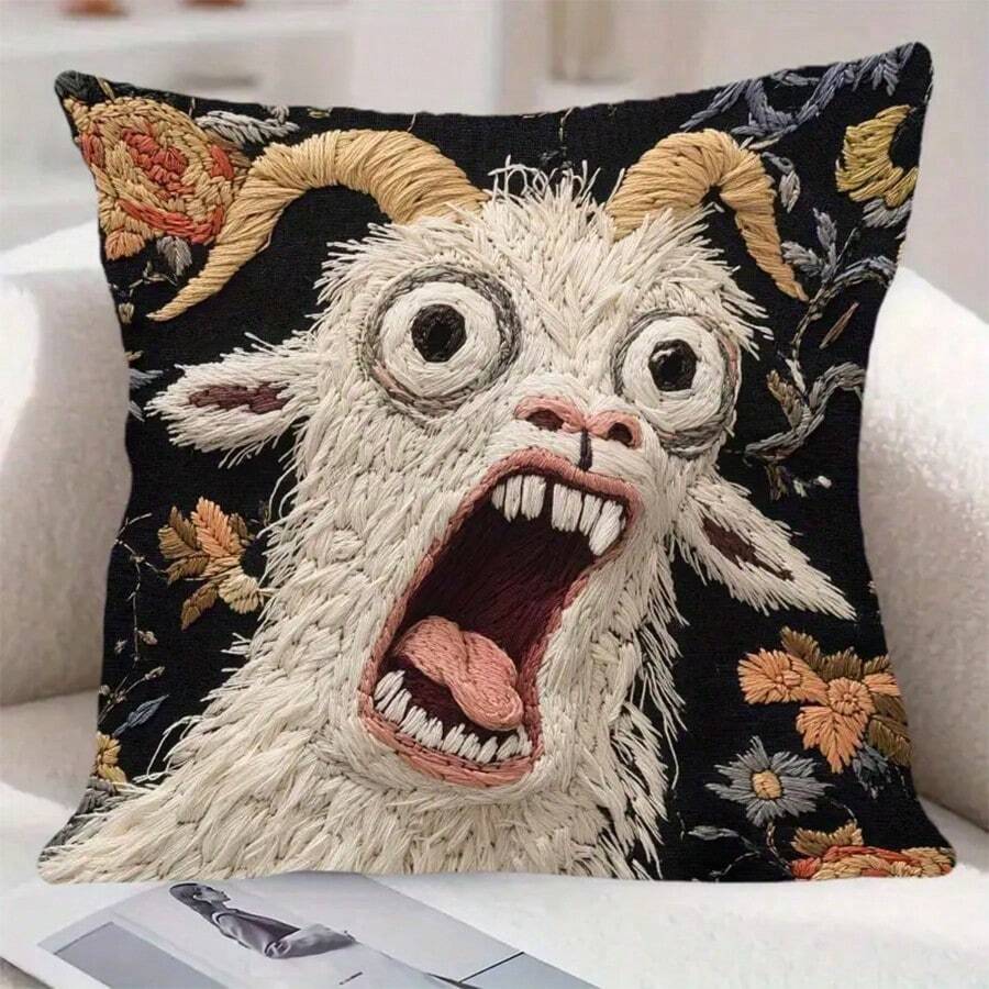 1 Funny Screaming Goat Pillowcase, 18x18 Inch Short Plush Pillowcase, Abstract Modern Animal Print With Zipper Closure, Suitable For Home Decor | Party | Wedding | Lounge | Office, Christmas Exchange Gift, Holiday Decoration (Pillow Not Included) - Multicolor - View 1