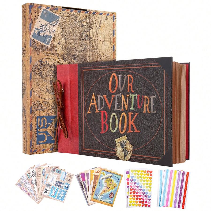 OUR ADVENTURE BOOK Adventure Book Scrapbook Album 11.9 X 7.6 Inch 80pages,3d Retro Embossed Letter Hard Cover Movie Up,Memory Book For Couples,DIY Album For Anniversary,Wedding,Travelling,Friends,Family,Couple Gifts - 復古色 - 查看 1