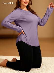 Plus Size Women Long Sleeve Yoga Top, Raglan Sleeve Design, Curved Hem, Loose Fit, Soft & Comfortable, Suitable For Fitness & Leisure Sports - Mauve Purple - View 4