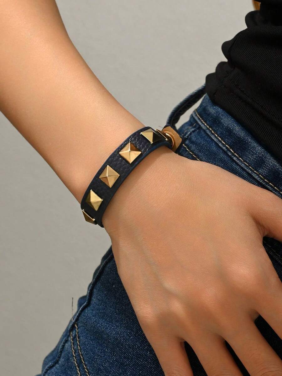 1 pieza Pulsera ajustable de mujer estilo punk, gótico oscuro y Y2K con remaches triangulares de PU, apta para uso diario - Azul marino 1202 - Ver 1