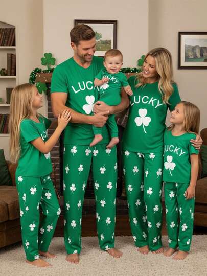 St Patrick's Day Family Matching Pajamas Sets For Adults Couples Kids Baby Irish Shamrock Print Holiday PJs 2 Piece Short Sleeve Tops & Pants Set For Saint Patty's Party Family Gathering