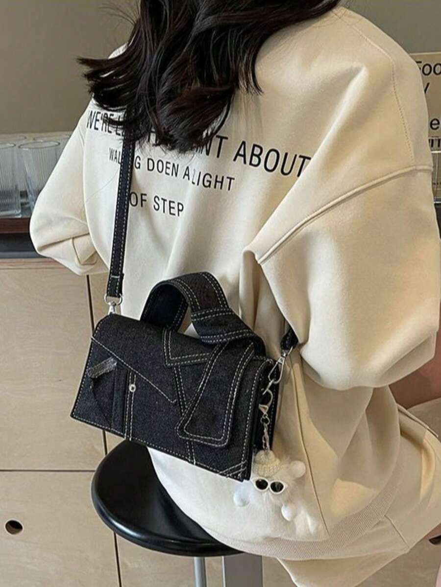 Sac à main patchwork en denim pour femme avec bandoulière amovible, pouvant se porter à l'épaule ou en bandoulière, charmant, élégant et polyvalent, idéal pour les courses quotidiennes et les déplacements. - Noir - Voir 1