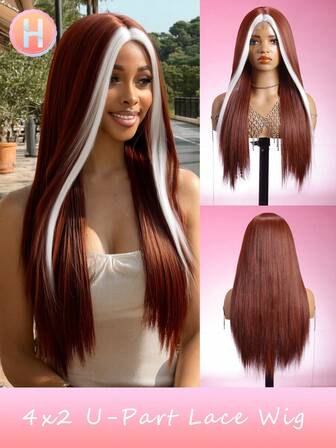 4X2 U 型蕾丝假发长挑染白色假发无刘海直发挑染合成多层假发适合女性日常使用 26 英寸万圣节、化妆舞会装扮、节日角色扮演、讨糖