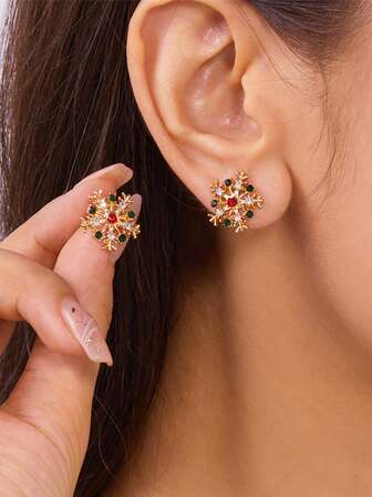 1对圣诞女士闪亮耳环，复古圣诞树和雪花水钻仿珍珠闪亮耳环，可爱优雅的圣诞派对耳环，日常佩戴，礼物