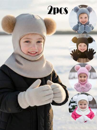 2pcs/Set Toddler Unisex Plain Knit Hat, Minimalist Solid Color Kids Knitted Balaclava, Warm Knit Hat + Gloves 2pcs Set, Autumn/Winter