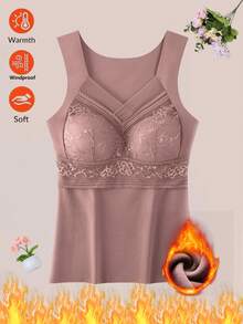 Women's Warm Vest, New Mesh Patterned Fleece Thermal Underwear, Comfortable Fixed Cup Push-Up Bra, No-Wire Bra, One-Piece Sleeveless Warm Heated Base Top.