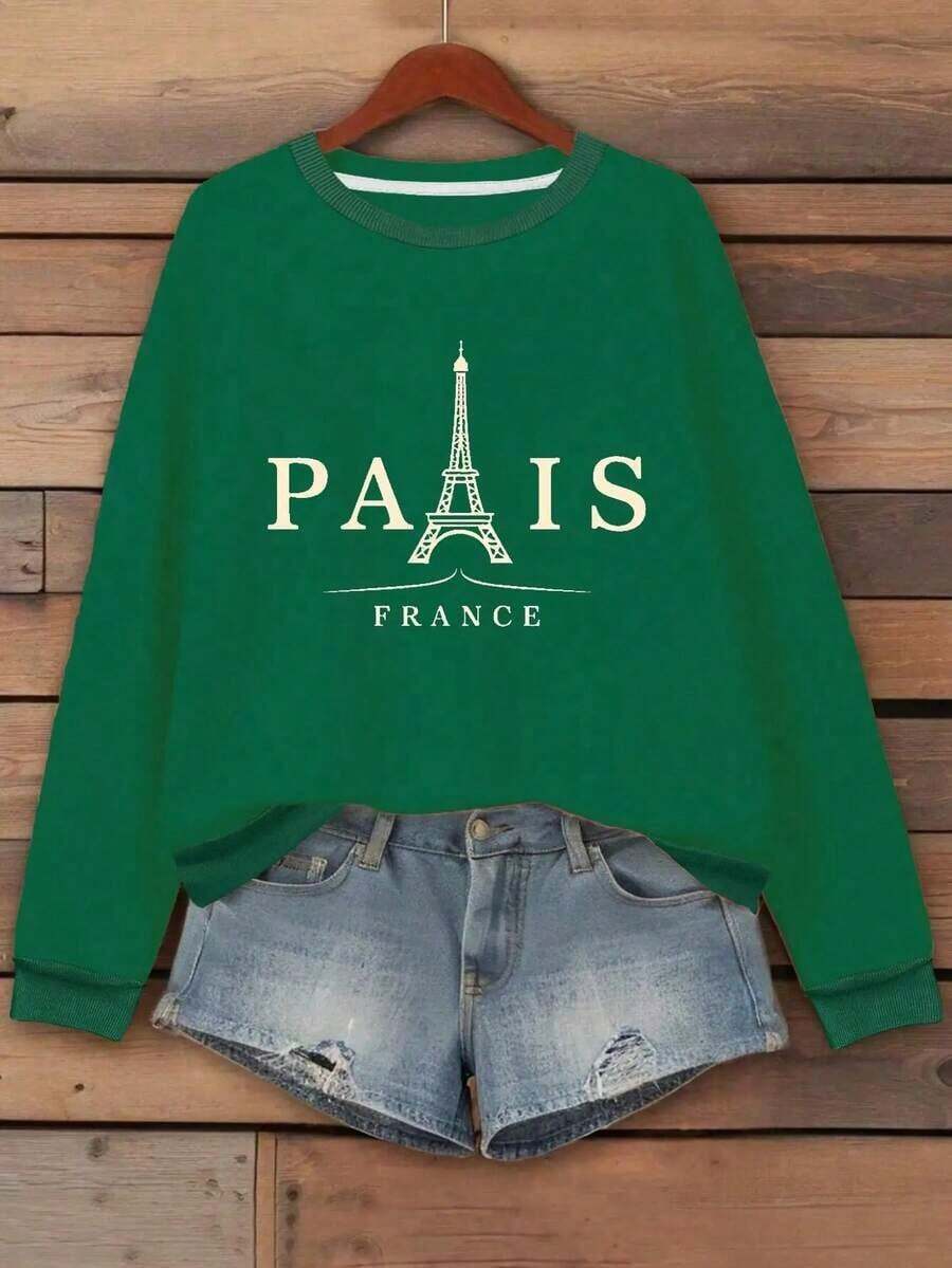 -2026Women's Plus Size Paris Eiffel Tower Graphic Sweatshirt - Heather Gray Casual Long Sleeve Round Neck Pullover, Machine Washable Autumn Winter French-Inspired Top, Everyday Comfort Apparel | Opaque MaterialSoft And Breathable-Women's Long-Sleeved Sweatshirt.Women's Long-Sleeved Sweatshirt - 綠色 - 查看 1
