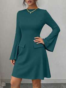 PRETTYGARDEN Women's Long Sleeve Elegant  Mini Dress Fall Bodycon Mock Neck Elegant Business Work Party Short Dresses New Years Valentine Vacation - 藍綠 - 查看 4