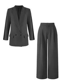 Women's Elegant Two Piece Blazer Set - Loose Fit Long Sleeve Blazer With Wide Leg Pants, Black Trim Detail, Stretch Office Casual Outfit,Pant Suit Set Women - 灰色 - 查看 3