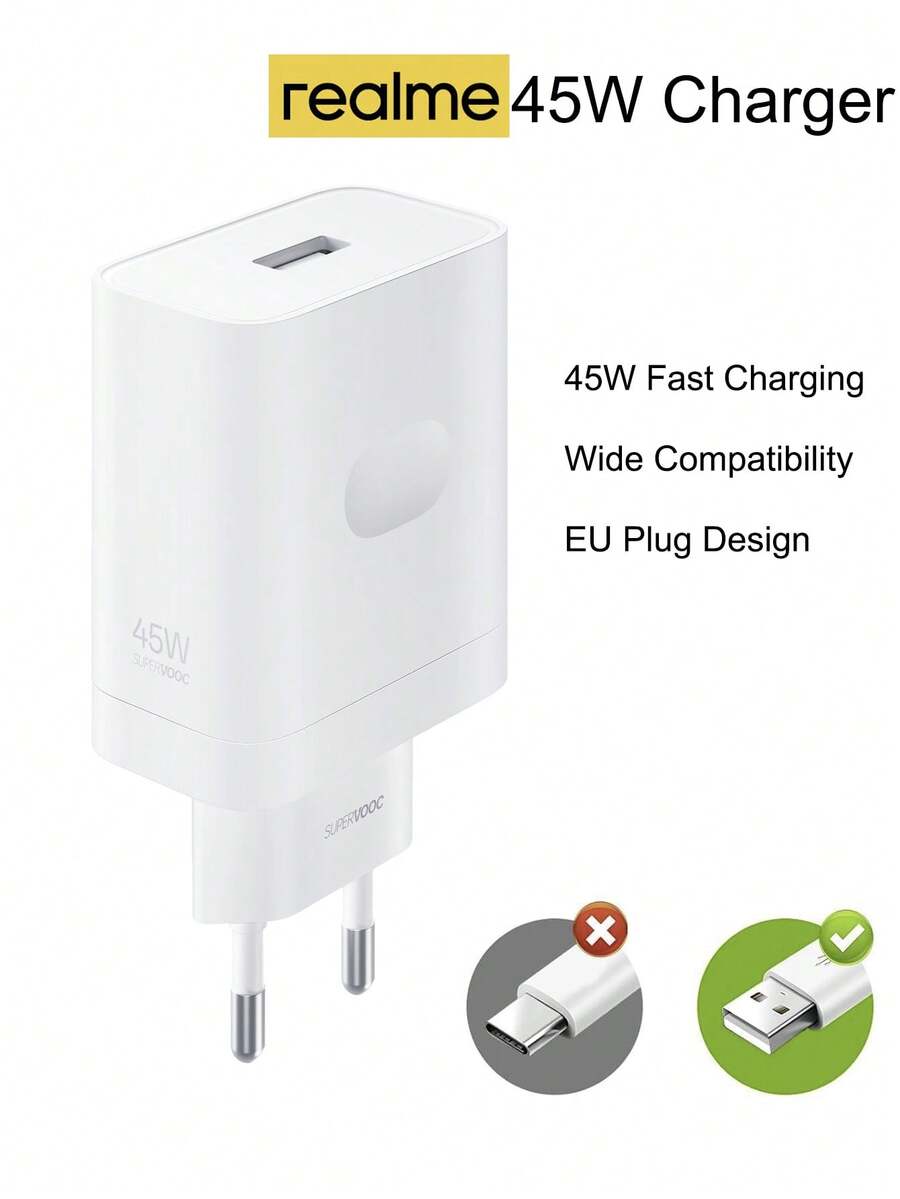 Realme 45W Ultra Fast Charger For Android Cellphone SuperVOOC Compatible With GT7 Pro, GT6T, 14 Pro+, 12 Pro+, 12+ 5G, 14 Pro, 12x 5G, C75, C67, Note 60 Fast Power Adapter EU Plug - White - View 1