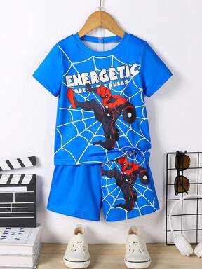 2pcs/Set Young Boy Breathable 3D Spider Web & Letter Print T-Shirt And Shorts, Fashionable Kids Outfit, Comfortable For Daily Wear & Outdoor Activities, Suitable As Gift