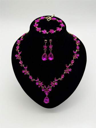 4 件/套水钻新娘伴娘首饰套装，优雅马眼尖头水钻叶项链吊坠耳环手链套装，适合女士婚礼派对配饰