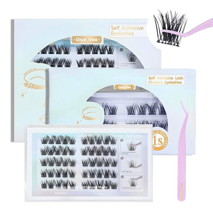Self-Adhesive False Eyelashes, Glue-Free Press-On Lashes, Pre-Glued Adhesive-Free Lashes In Natural Cluster Sets Curled Lashes, Beginner-Friendly, No Sticky Residue, DIY In One Step - Natural Lashes - View 1