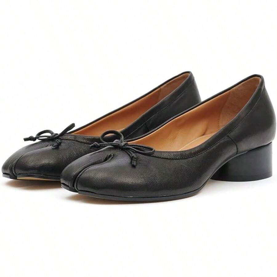 KOKOMOMO Black Split Toe Ballet Heels For Women Japanese Tabi Shoes Cylindrical Low Heels Pumps Chunky Block Heel Office Wedding Party Dress Shoes 12 INCHChristmas - Đen có nơ - Xem 1