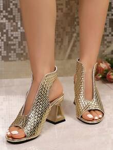 Women's Fashion Versatile Comfortable Side Hollow Woven Open Toe Chunky Heel Sandals, Summer - Gold - View 14