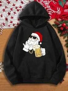 Sudadera unisex negra con capucha, con un diseño navideño moderno y divertido que muestra a Santa Claus con gafas de sol y una cerveza en la mano.Perfecta para reuniones familiares, fiestas informales y celebraciones llenas de alegría.Diseño femenino a la moda, ideal para la temporada de otoño e invierno, Navidad, Acción de Gracias y ropa de Año Nuevo. - Negro - Ver 6