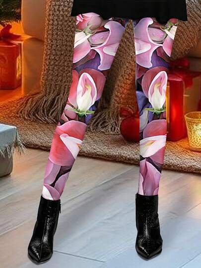 1 pieza Leggings de mujer con estampado floral de cintura alta, adecuado para entrenamiento diario, uso casual, otoño/invierno