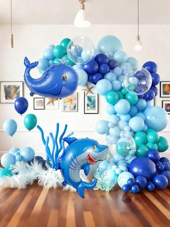 113件海洋主题派对装饰气球，水下气球拱门套装，包含鲸鱼、鲨鱼铝箔气球、蓝色透明乳胶气球，适用于海洋主题派对、水下主题生日装饰、生日派对装饰、男孩/女孩生日装饰、婴儿派对。