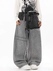 Justice Brother 1pc American Style Patchwork Men's Black Denim Jeans, All-Season Versatile Casual Comfortable Loose Wide Leg Long Pants (Belt/Accessories Not Included) - Black - View 8