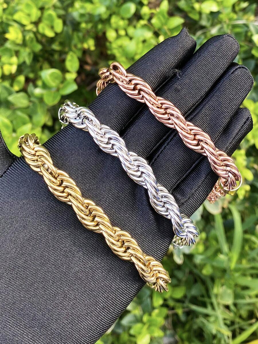 DUBSS 1 pieza Pulsera de cuerda de acero inoxidable de 10 mm con acabado chapado para hombres, joyería de estilo hip hop
