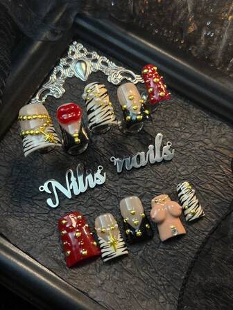 10 Handmade Nails, European And American Y2K Style Short Duckbill Nails, Black&Apricot French Tip Diamond Inlay, Hand-Painted Love Line Texture, Hand Drawn Zebra Print&Leopard Print Nails 3D Sculpted Lips&Bikini With Star Elements, Love, Suitable For Parties, Dances, Daily Wear, Men And Women, With A Piece Of Gel And A File, Is A Good Gift