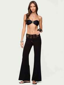 Womens Flowy Wide Leg Pants – Boho Crochet Trim Drawstring Trousers For Beach Vacation Outfits - 黑色 - 查看 1