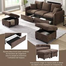 Multifunctional Corner Sofa U-Shaped Three-Seater Upholstered Sofa With Storage Function – Including Drawers + Stool With Storage Compartment, Modular Disassembly Sofa Set With Sleeping Function, Chenille Cover - màu nâu - Xem 5