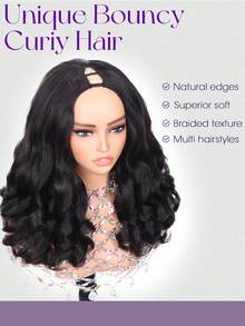 18 Inch Natural Black Afro Curly U / V Part Wig With Bouncy Curls Synthetic Kinky Straight Glueless Hair For Women No Leave Out Clip In Half Wig - Multicolor - View 3