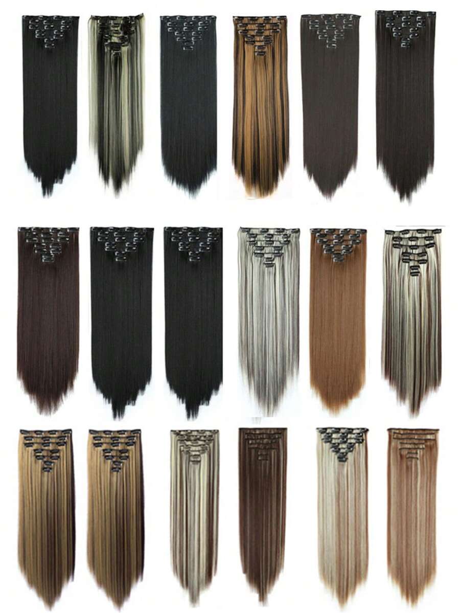 22英寸直发合成假发，7片装直发接发套装，带隐形夹，可延长头发长度 - 彩色 - 查看 1