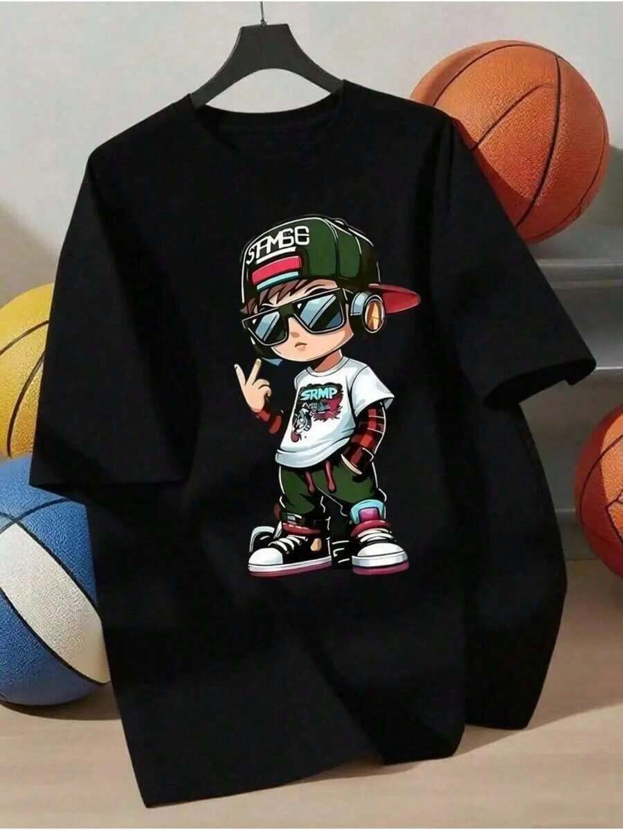 Casual, Colorful, Short-Sleeved, Simple Children's T-Shirt Suitable For Kids, Cotton, Stylish Boy's Print. - màu đen - Xem 1