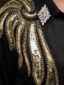 Aliao 优雅闪亮装饰宽松法式长袖衬衫，端庄得体，适合女性春季、节日、假期、音乐会等场合穿着。 - 黑金 - 查看 4