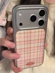 Cute Pink-Brown Plaid Electroplated Phone Case, Compatible With IPhone 17 Pro Max, 17 Pro, 17 Air, 17, 16, 15, 13, 14 Pro Max, Lovely Gift For Girls, Soft Back Cover - Pink - View 4