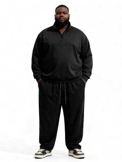 Plus Size Casual Sports Set, Half-Zip Casual Pullover Pullover Sweatshirt, Embroidered Straight Leg Pants, Suitable For Spring