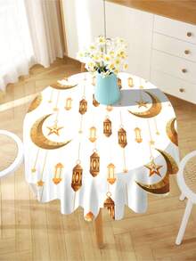 1件斋月系列印花桌布，金色星月图案，现代涤纶材质，长方形/圆形防水，数码印花，适用于客厅、户外用餐、小型圆桌。 - 彩色 - 查看 14
