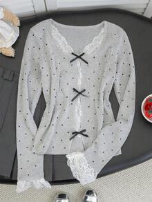 女士休闲圆领蕾丝拼布波点针织毛衣，带蝴蝶结，可爱性感长袖套头衫，秋冬 - 灰色 - 查看 2