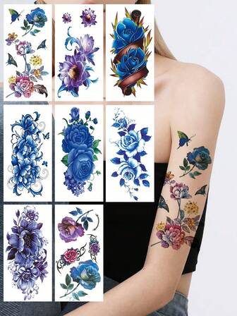 8张蓝色牡丹玫瑰花临时纹身贴纸，适合女性、女孩、成人，可用于大腿和手臂；蝴蝶与花朵水彩图案假纹身臂套；逼真水彩花卉临时纹身贴纸，可用于手指和颈部纹身。