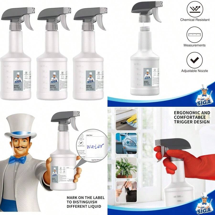 MR.SIGA 16 Oz Empty Plastic Spray Bottles For Cleaning Solutions Heavy Duty Household Reusable Spray Bottles With Measurements And Adjustable Leak Proof Nozzle 3 Pack - WhiteGrey - View 1