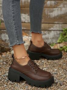 Giày Oxford buộc dây màu nâu cổ điển Foot Flair dành cho nữ, giày lười đế cao gót mũi tròn kiểu Anh cổ điển, giày Mary Jane thời trang cho mùa xuân/thu. - màu nâu - Xem 6