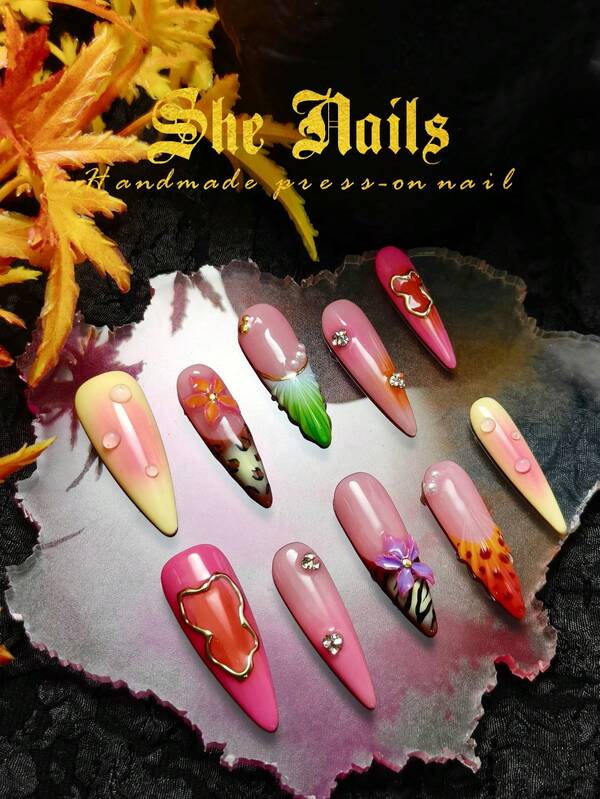 DIY Cute Baroque Junk Punk Goth Glossy Metallic Y2K French Tip 10pcs Pink Nails Red Nails Brown Nails Gold Nails Leopard Print Long Stiletto Acrylic Handmade Press On Nails With 3D Hand Carving Flowers Cherries Golden Bead Gold Circle Handpainted Love Bow Cherry Suitable For Chiristmas Parties And Daily Wear For Women And Girls Wear With Free Gel Sticker Nail File Nail Suppies Nails.