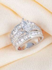 1pc Elegant Luxury Men's Engagement Ring, Inlaid With Oval Zirconia, Exquisite Double-Ring Design, Suitable For Weddings, Banquets, And Holiday-Themed Jewelry - Silver - View 9