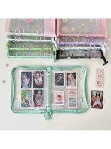 1本INS时尚明星六孔PVC活页笔记本，透明闪光拉链边日记本/相册，偶像卡片收藏册，学生用六孔偶像卡片相册 - 彩色 - 查看 5