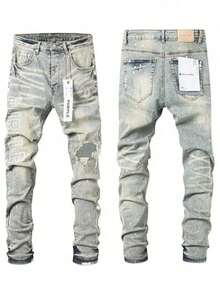 Men Jeans Slim Fit Stretch Skinny Purple Luxury Denim American Streetwear High Fashion Ripped  Casual Pants - Xám - Xem 1