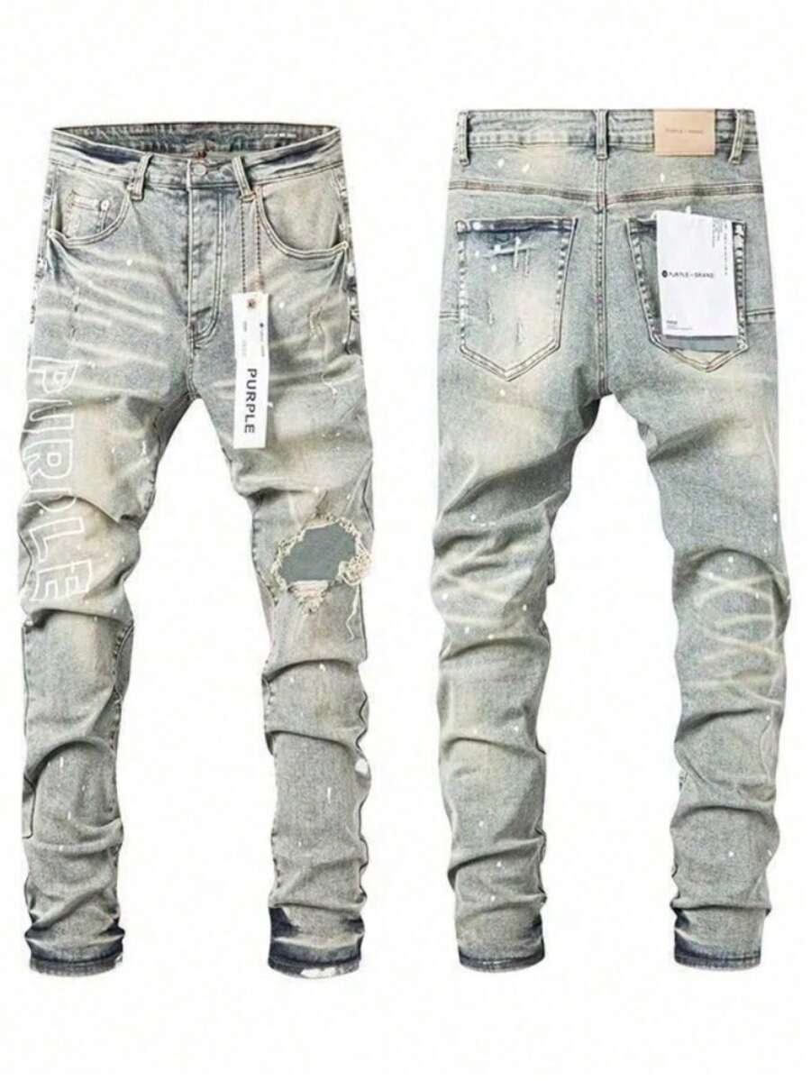 Men Jeans Slim Fit Stretch Skinny Purple Luxury Denim American Streetwear High Fashion Ripped Casual Pants - Xám - Xem 1