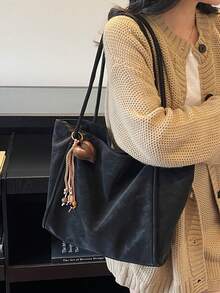1件装女士秋冬新款大容量撞色单肩托特包，时尚通勤包，适合办公室、学校、休闲场合穿着 - 黑色 - 查看 5