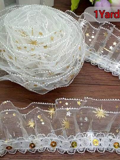 1码优雅双层亮片褶皱蕾丝缎带 - DIY手工家居装饰，闪亮亮片和珠子，非常适合桌布、中心装饰品和派对装饰、派对装饰配件、DIY头饰、礼品包装。