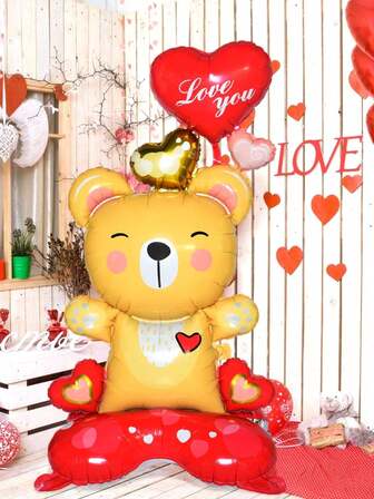 1个大型站立式“我爱你”小熊气球，笑脸黄色小熊气球。适用于情人节、生日、浪漫婚礼主题、周年纪念日、浪漫之夜、情人节派对装饰。