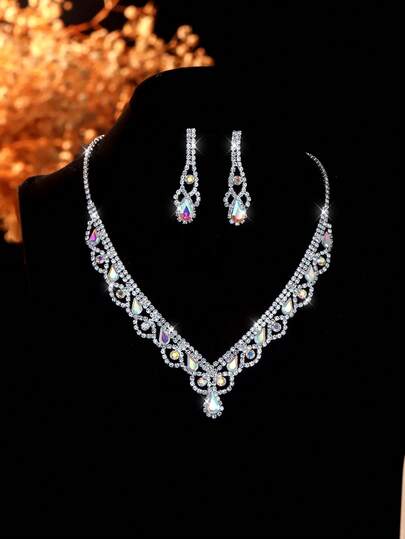 3pcs Set Rhinestone Encrusted Teardrop Necklace & Earrings, Elegant Jewelry Gift For Women, Suitable For Daily, Wedding, Party, Holiday