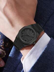 1件男士黑色表带时尚休闲学院风条形刻度表盘石英表，适合日常佩戴或作为节日礼物 - 黑色 - 查看 5