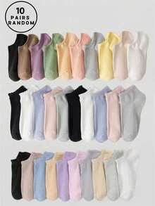 1 Pair/10 Pairs Random Candy Color Dopamine Socks Set, Solid Color Lace Stripe, Round Ribbed Cuff, High Heel, Japanese Sweet & Cute Style, Suitable For Commuting, Business, Daily Travel, Campus Sports Etc. Soft, Skin-Friendly, Breathable, Sweat-Absorbent, Odor-Resistant, Low-Cut, Invisible, Women Short Socks - Multicolor - View 14